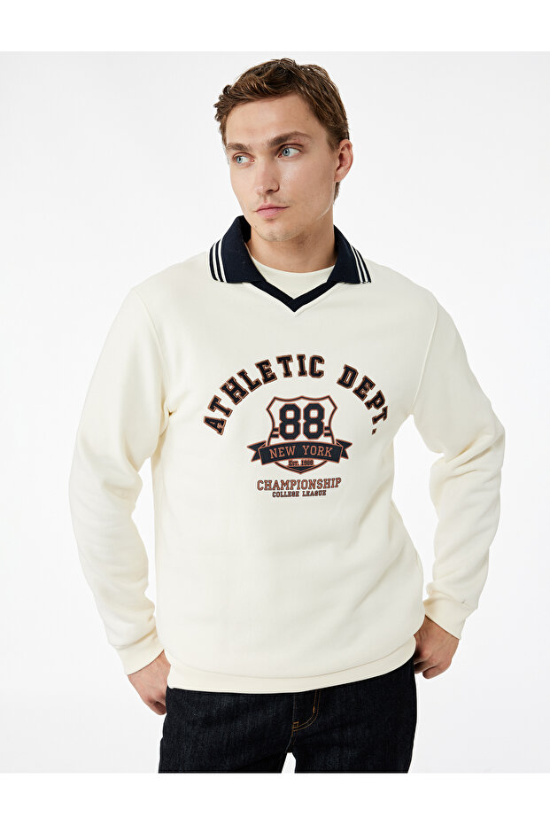 Color Contrast Polo Neck Long Sleeve College Printed Sweatshirt