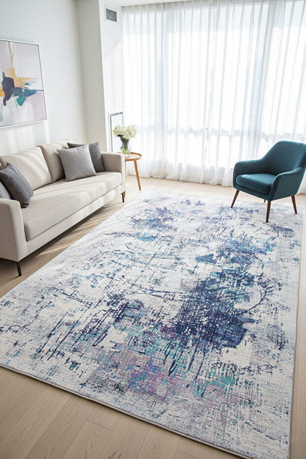 Funk Dokuma Taban Dekoratif Modern Gri / Mavi Halı AL 220 - 1