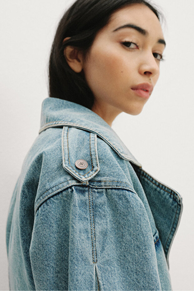 Denim Mini Trenç Ceket - 1