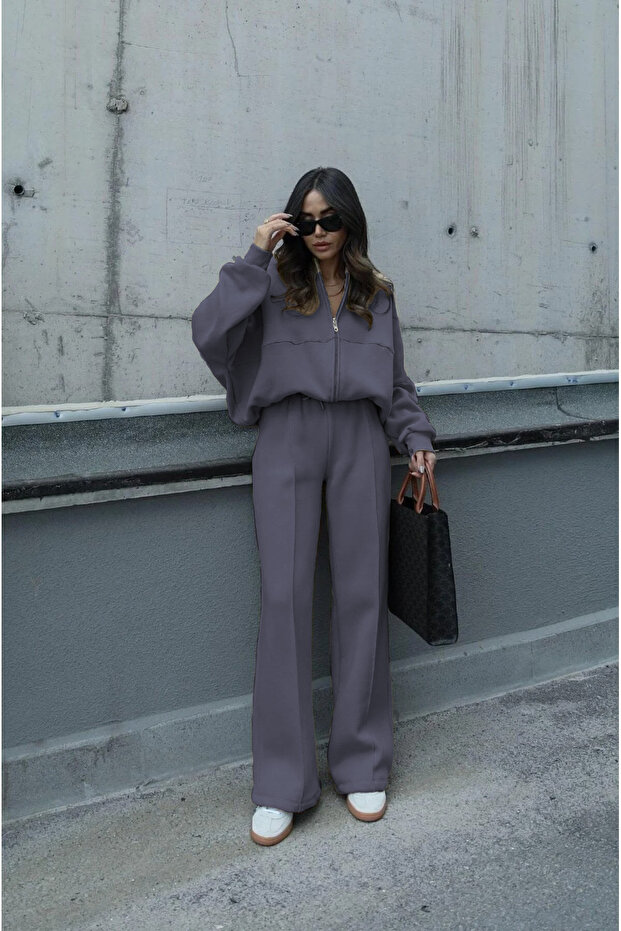 Women's Winter 3-Thread Oversized Fit Bomber Jacket Tracksuit Set