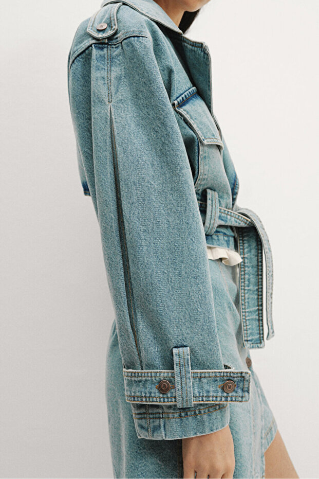 Denim Mini Trenç Ceket - 5