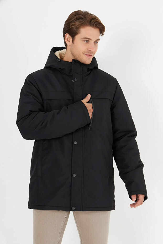 Men's Black Sheepskin Hooded Windproof Winter Coat & Coat & Parka