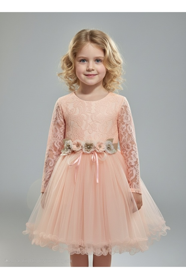 Girls' Tulle and Lace Long Sleeve Festive Princess Wedding Party Birthday Dress