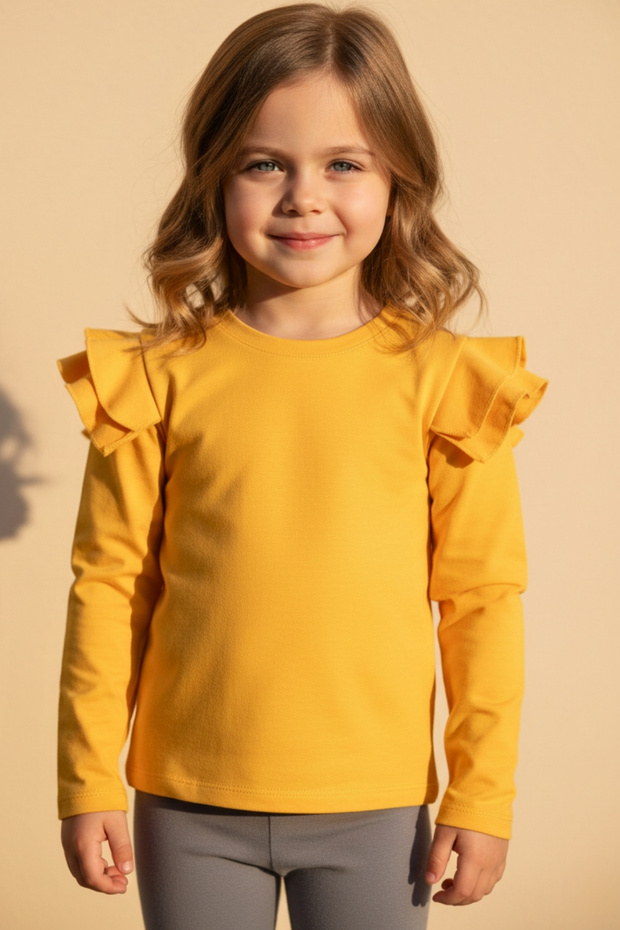 Girl's Mustard Yellow Shoulder Ruffle Cotton Top Crew Neck Body Sweatshirt October 29 Show Outfit