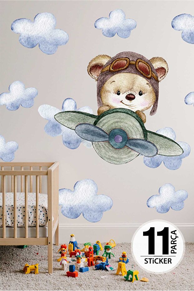Pilot Teddy Bear Sticker Set, Flying Teddy Bear and Clouds Sticker, Children's Room Wall Sticker Set