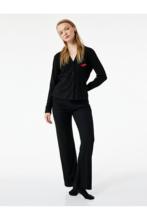 Shirt Collar Long Sleeve Pajama Set with Pepper Embroidery Detail