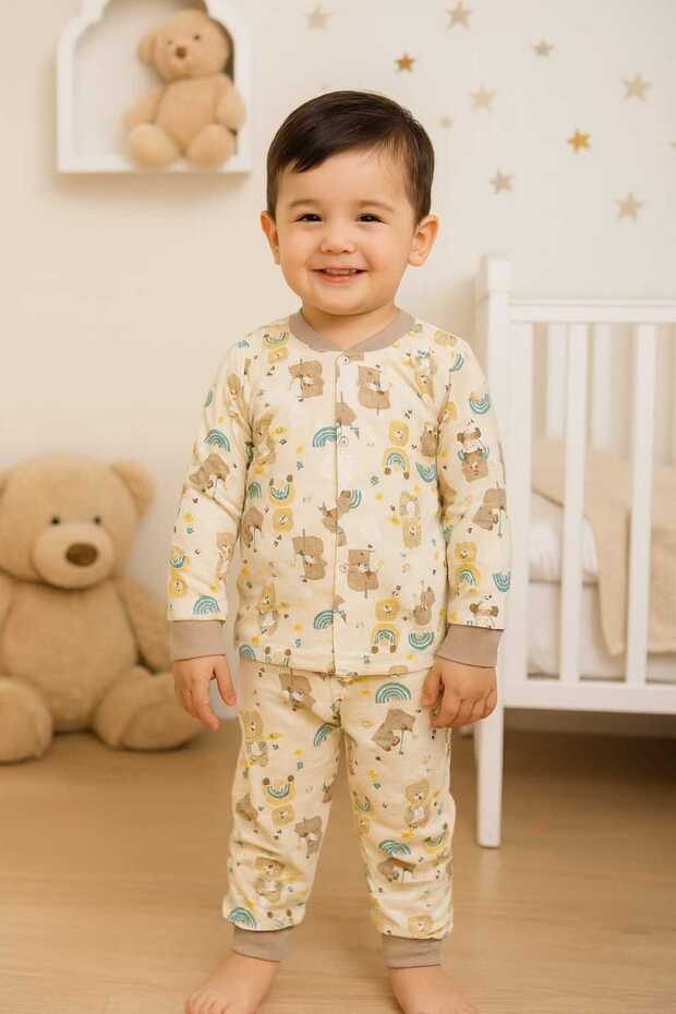 Mi̇lays Boys' Plush Pajama Set (3-6 Years) 100% Cotton with Bear Pattern