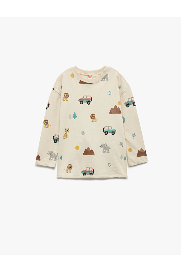 Printed Oversize Cotton Crew Neck Long Sleeve T-Shirt