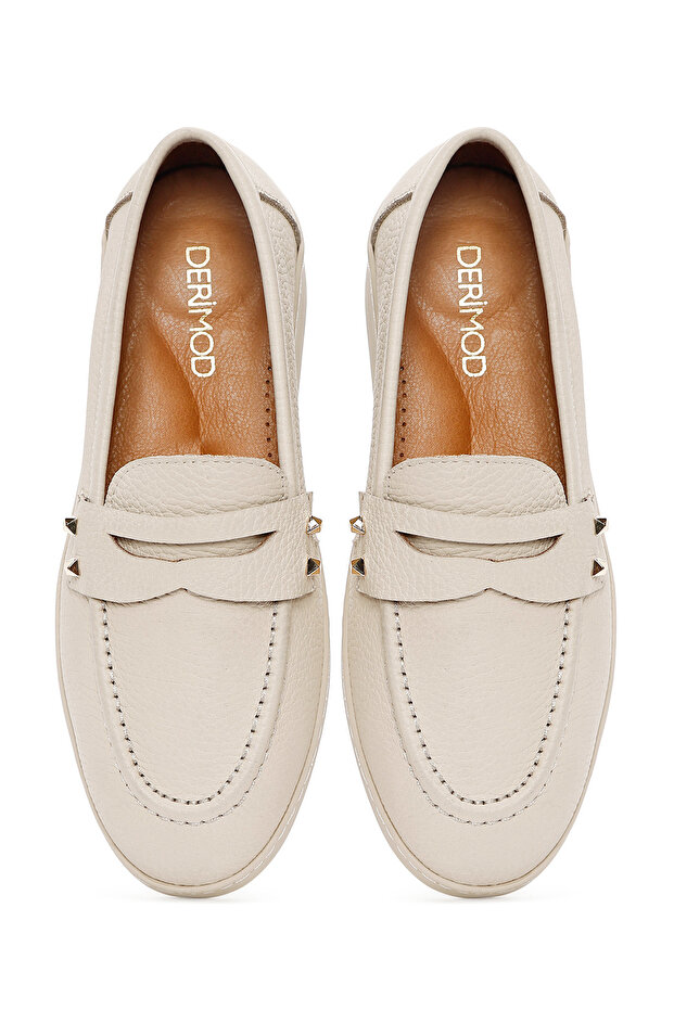 Kadın Bej Taş Detaylı Hakiki Deri Ayakkabı, Casual Ayakkabı, Günlük Ayakkabı 25SFD2022FT - 6