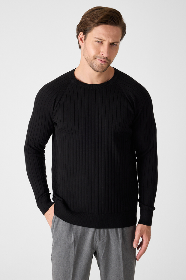Solen Men's Black Italian Ribbed Cotton Crew Neck Sweater