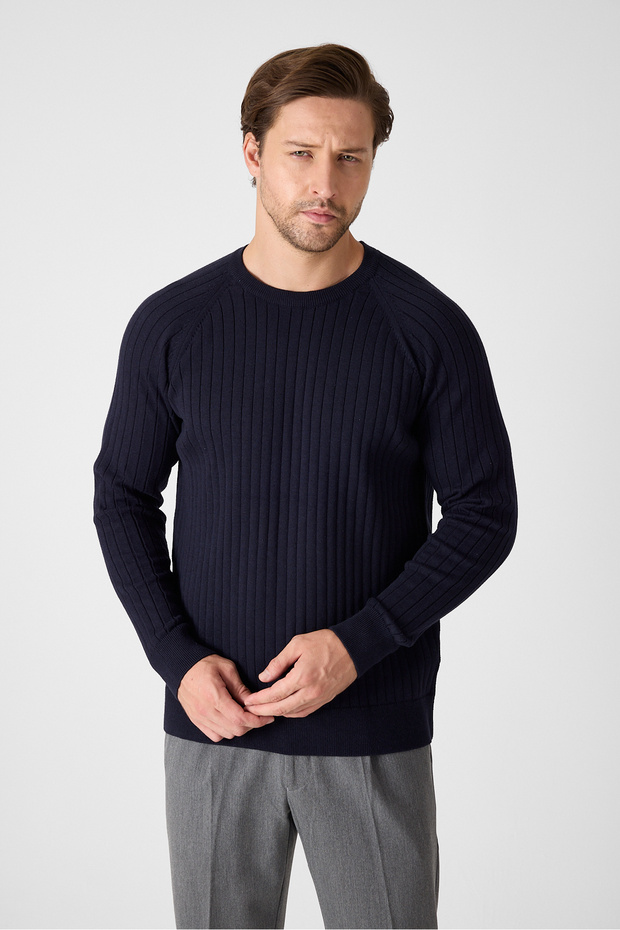 Solen Men's Navy Blue Italian Ribbed Cotton Crew Neck Sweater