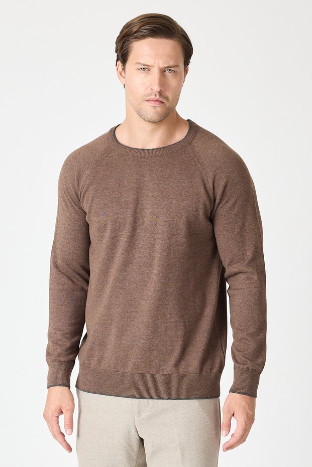 Lunox Men's Brown Italian Ribbed Cotton Sports Crew Neck Sweater