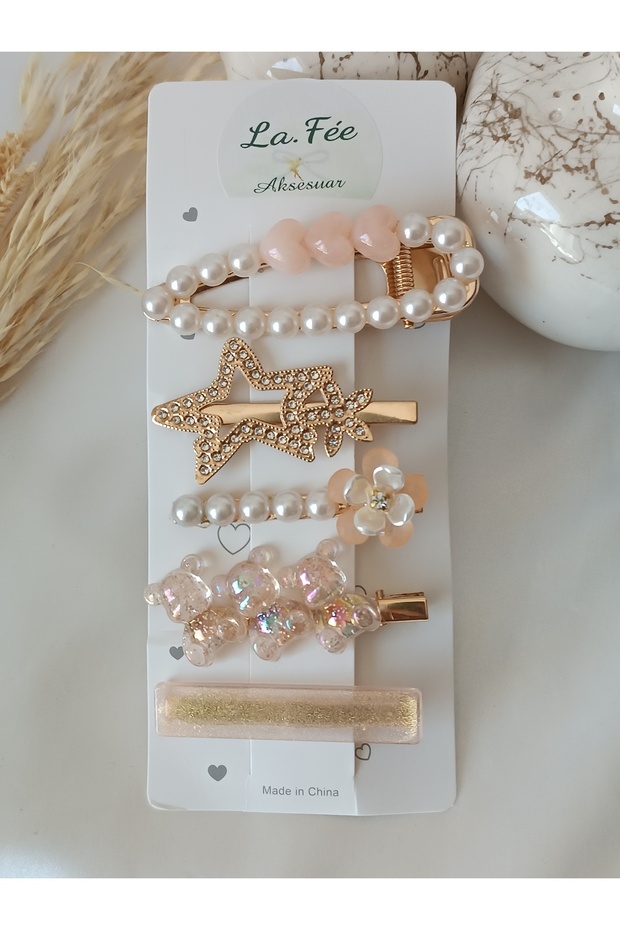 Women's Hair Clip Set of 5, Hair Clip Set, Powder Pink Pearl Hair Clip, Flower Heart Hair Clip