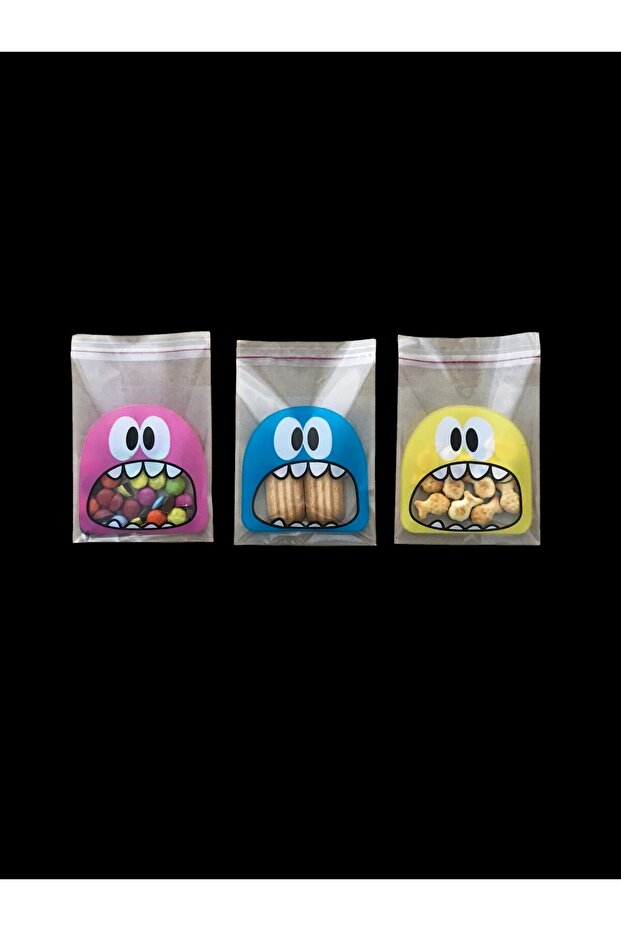 250 Adet 10x10*(4) Cm Canavar Desenli Bantlı Opp Jelatin Poşet, Kurabiye Poşeti, Cake Pops( 3 Renk) - 3