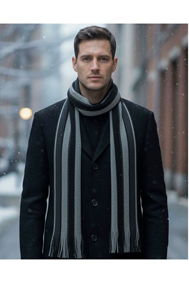 Gray Black Anthracite Striped Men's Winter Scarf in Wooden Gift Box