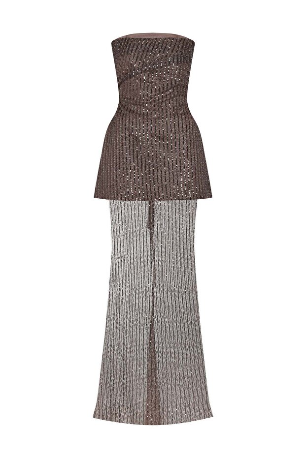 Strapless Stone Sequin Embroidered Suit Evening Dress- Two Pieces
