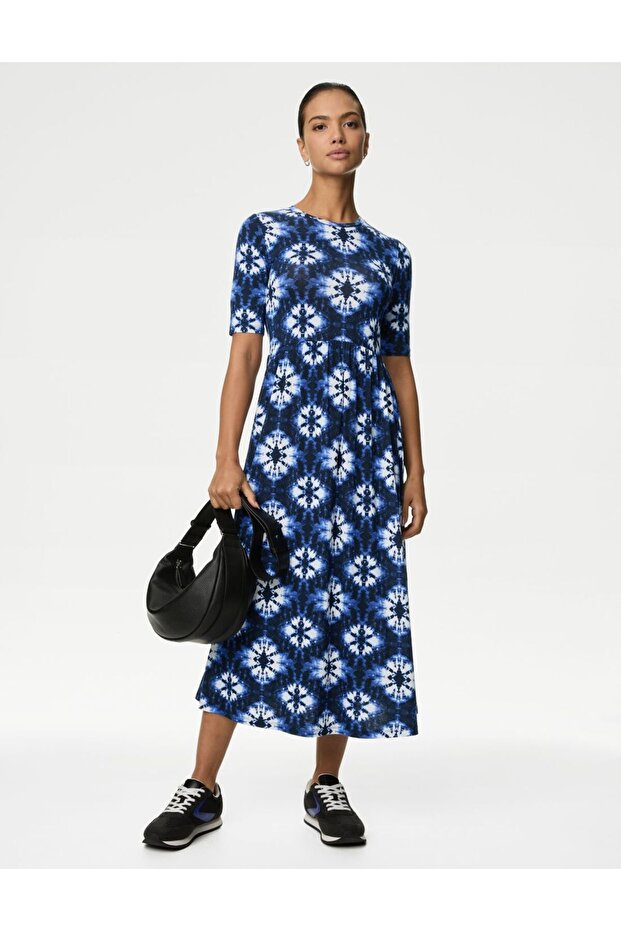 Kısa Kollu Midi Örme Elbise - 1