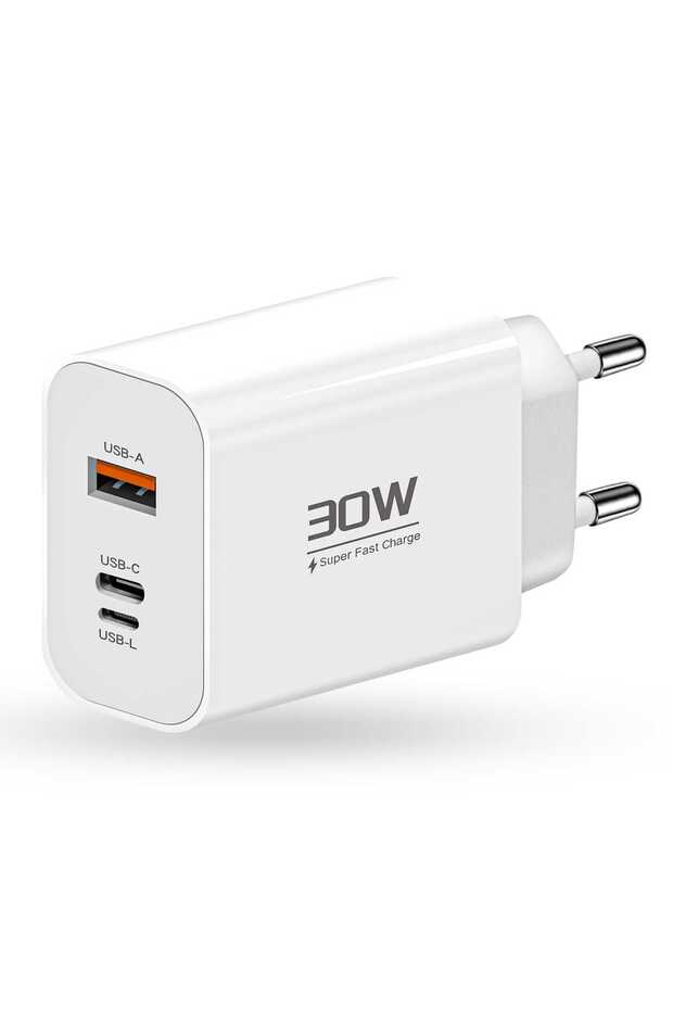 Încărcător de rețea, 3 porturi, încărcare rapidă 30W, 1 x Tip C, 1 x Lightning, 1 x USB, compatibil cu iPhone - 1