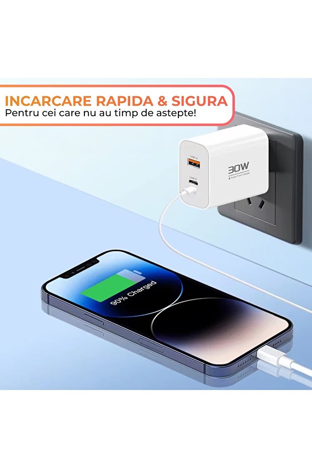 Încărcător de rețea, 3 porturi, încărcare rapidă 30W, 1 x Tip C, 1 x Lightning, 1 x USB, compatibil cu iPhone - 4