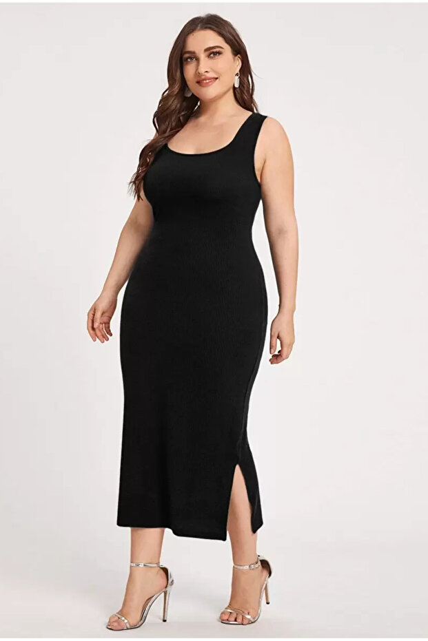 Women's Plus Size Square Neck Thick Strap Side Slit Crepe Woven Stretchy Midi Pencil Dress
