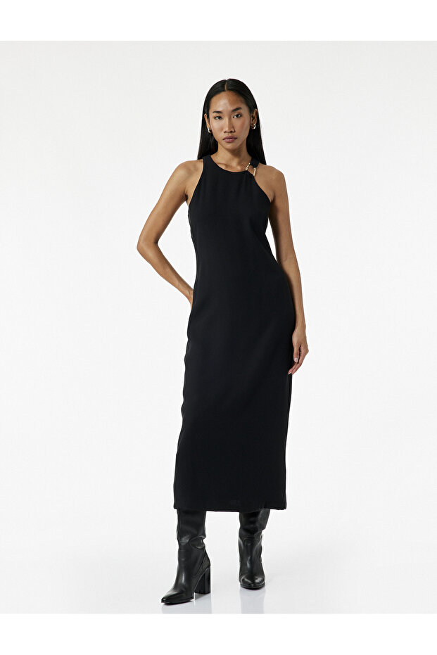 Crepe Fabric Accessory Detail Sleeveless Halter Neck Long Dress