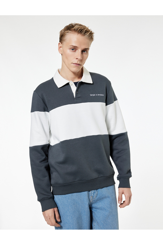 Shardonlu Long Sleeve Color Block Embroidered Polo Neck Sweatshirt