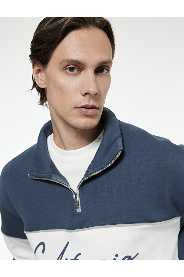 Three-Threaded, Color-Blocked, Comfortable Fit, Half-Zip, Collar-Printed Sweatshirt