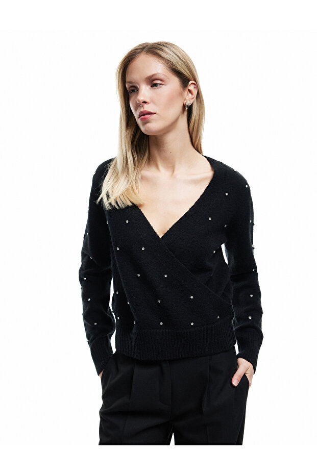 Long Sleeve Double Breasted V-Neck Rhinestone Knit Sweater