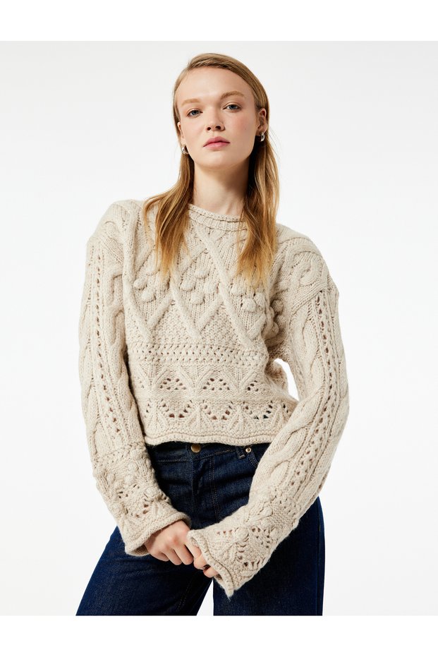 Crew Neck Long Sleeve Knit Textured Knitwear Crop Sweater