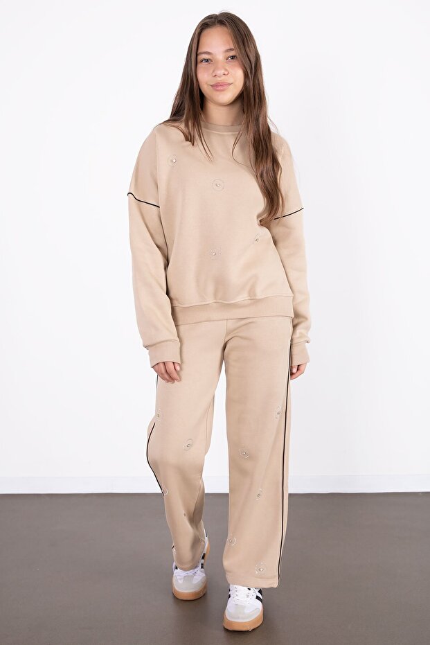 Beige Sequin Embroidered Hooded Girl's 2-Piece Tracksuit Set 21427