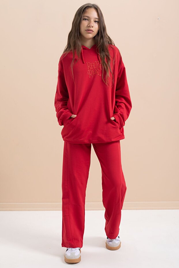 Red Text Printed Hooded Wide Leg Girls' Tracksuit Set 21431