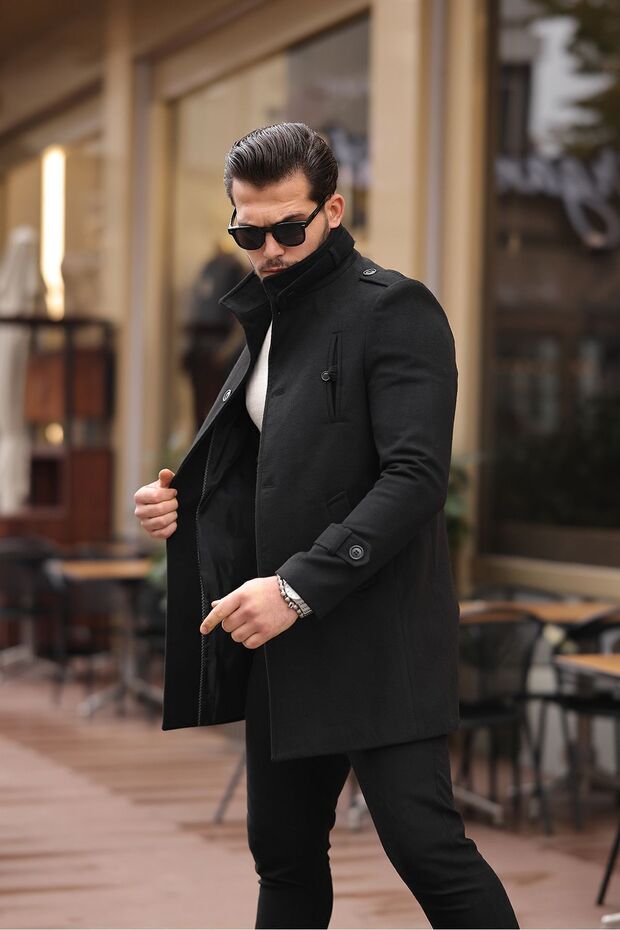 Men's Black Slim Fit Long Cashmere Coat - 3
