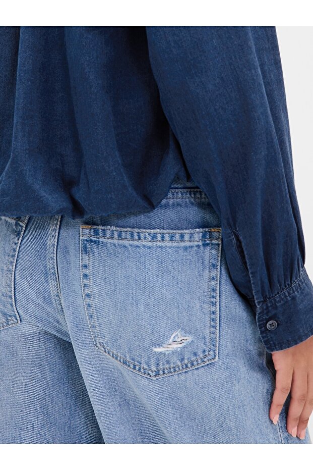 Kadın Mavi Bubble Hem Gömlek - 3