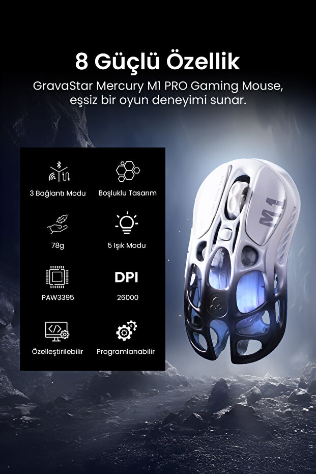 Mercury M1 Pro Rgb 26K Dpı Optik Gaming Mouse Kablosuz Programlanabilir 5 Tuşlu, Siyah - 3