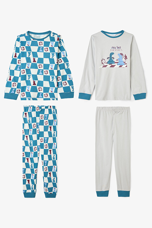 Erkek Çocuk Chess Time Dinozor Desenli Uzun Kollu Pamuklu 2'li Pijama Takımı - 1
