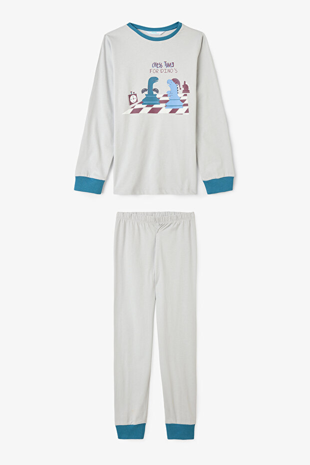 Erkek Çocuk Chess Time Dinozor Desenli Uzun Kollu Pamuklu 2'li Pijama Takımı - 5