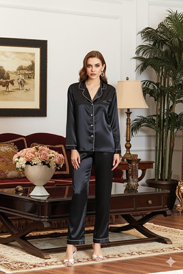 Jeremi 6526 Women's Dowry Satin Button-Front Long Sleeve Pajama Set