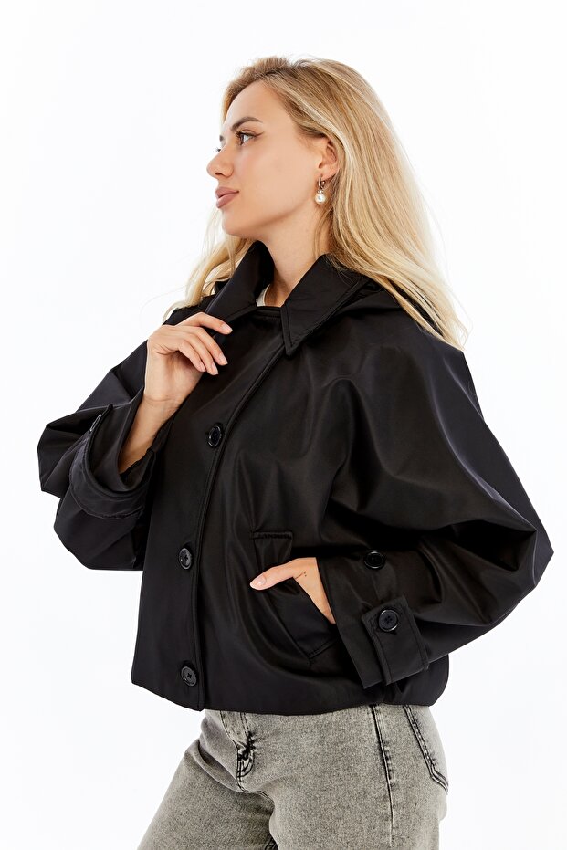 Yarasa Kol Cepli Çıkarılabilir Kapüşonlu Astarlı Trençkot - 5