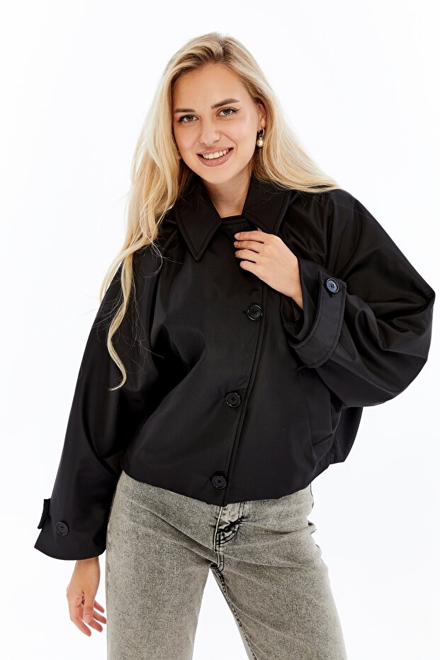 Yarasa Kol Cepli Çıkarılabilir Kapüşonlu Astarlı Trençkot - 4