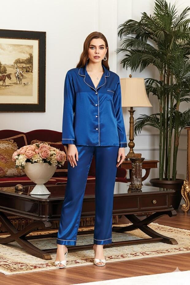 Jeremi 6526 Women's Dowry Satin Button-Front Long Sleeve Pajama Set