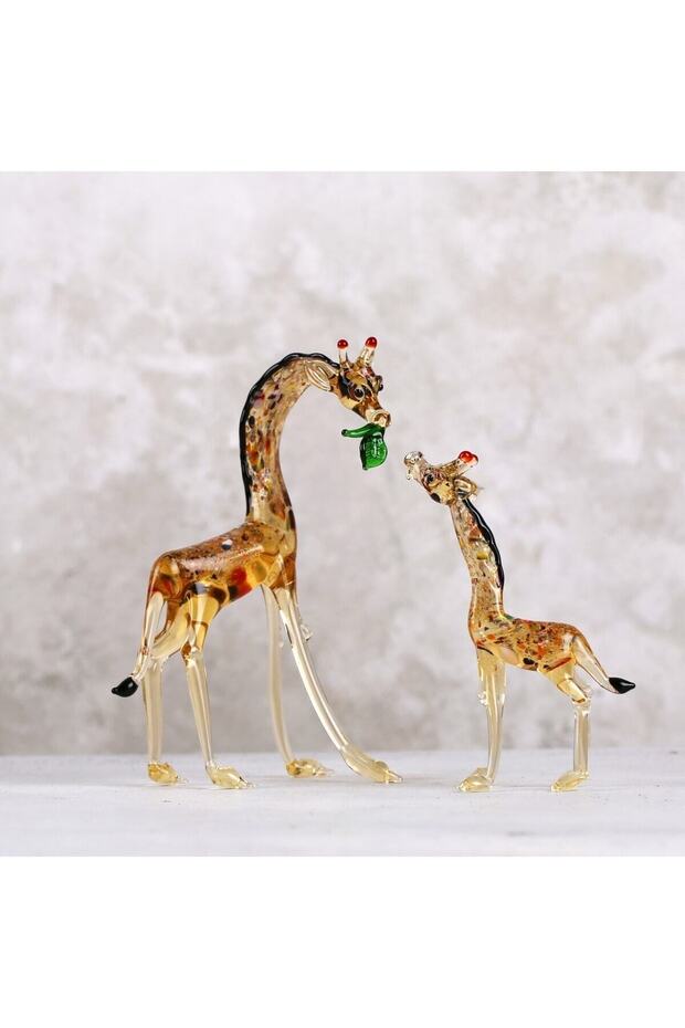 Zürafa Ailesi Dekoratif Cam Biblo 2'li Set - 1