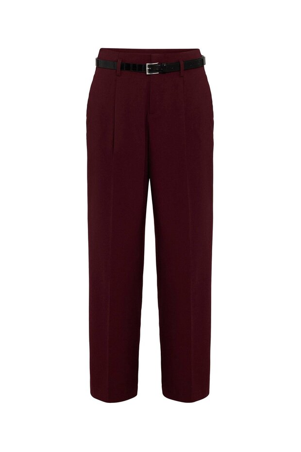 Burgundy High Waist Pleated Women's Trousers