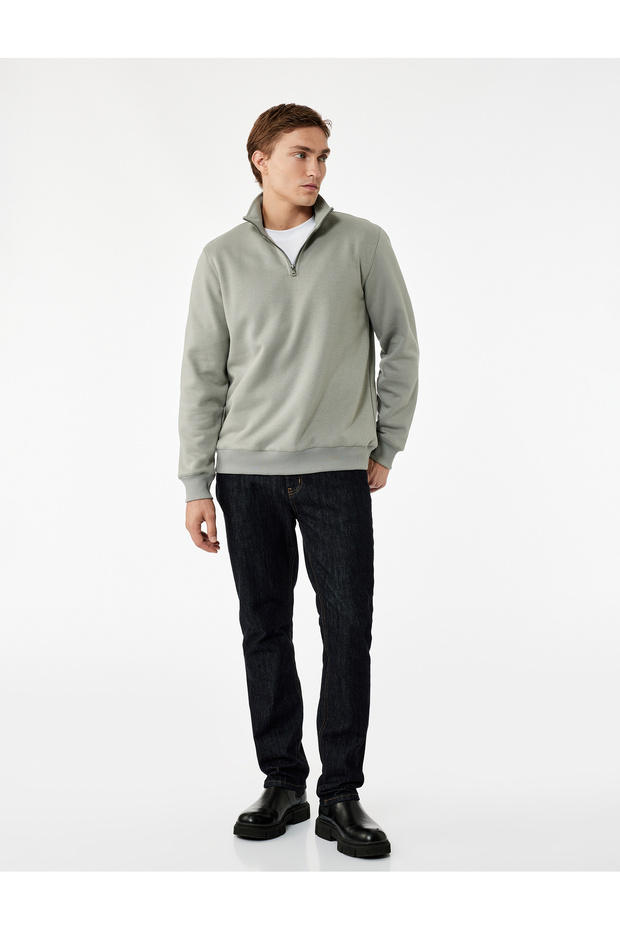 Long Sleeve Ribbed Basic Half Zip Sweatshirt - 2