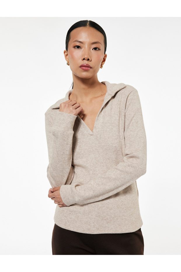 Relaxed Fit Long Sleeve Polo Neck Knitwear Pajama Top