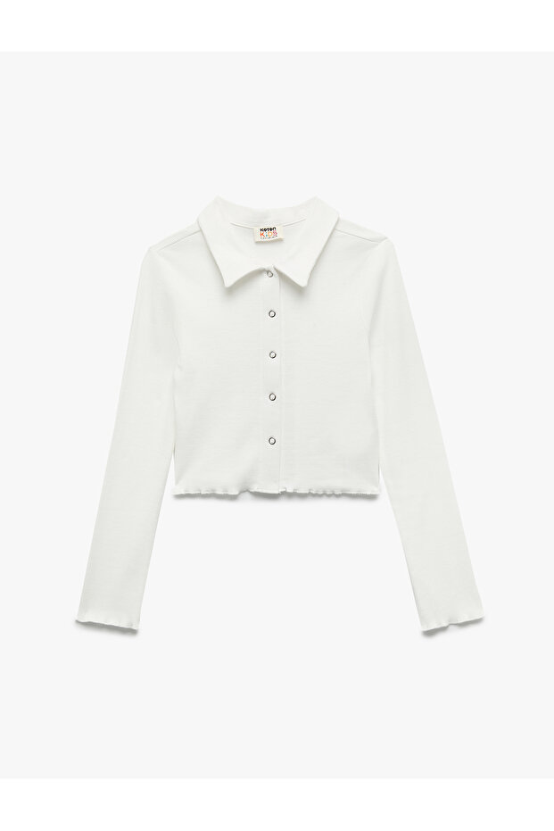 Cotton Long Sleeve Shirt Collar Crop T-Shirt