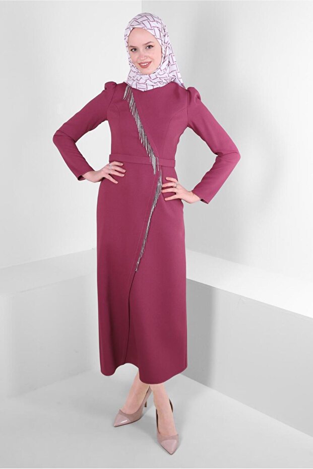PÜSKÜL DETAYLI KREP ELBİSE 43588 - 2