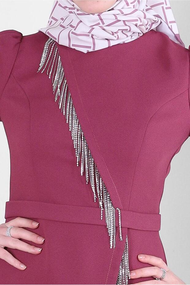 PÜSKÜL DETAYLI KREP ELBİSE 43588 - 4