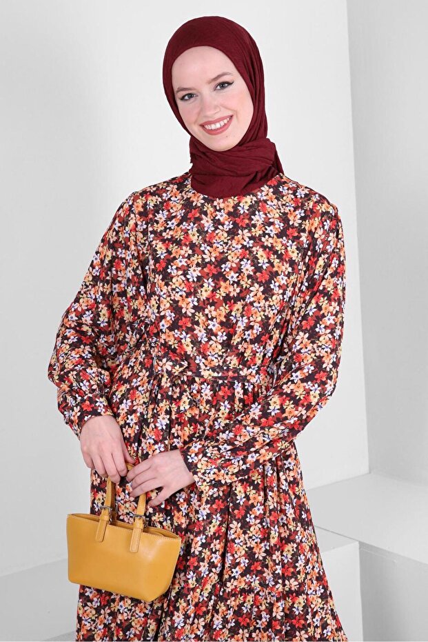 ÇİÇEK DESENLİ KUŞAKLI KREP ELBİSE 43658 - 1