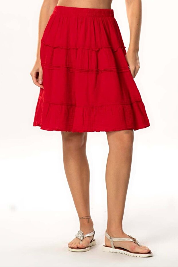 Benan Waist Elastic Short Summer Muslin Skirt Red Krmz