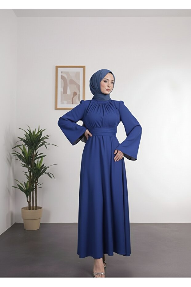 Spanish Sleeve Waist Wrapped Satin Hijab Evening Dress